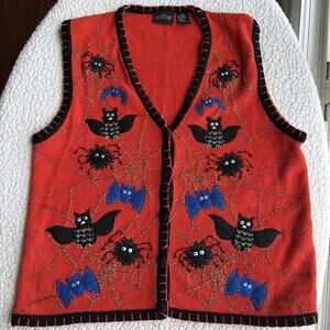 Vintage One Resource Womens Orange Halloween Sweater Vest XL Bats Spiders Granny
